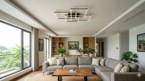 Contemporary minimalist living room design featuring a sleek, geometric LED flush mount ceiling light.