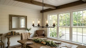 A minimalist modern farmhouse chandelier with clean lines and exposed bulbs against a shiplap wall.