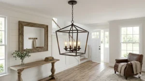 An entryway featuring a geometric lantern-style modern farmhouse chandelier welcoming guests.
