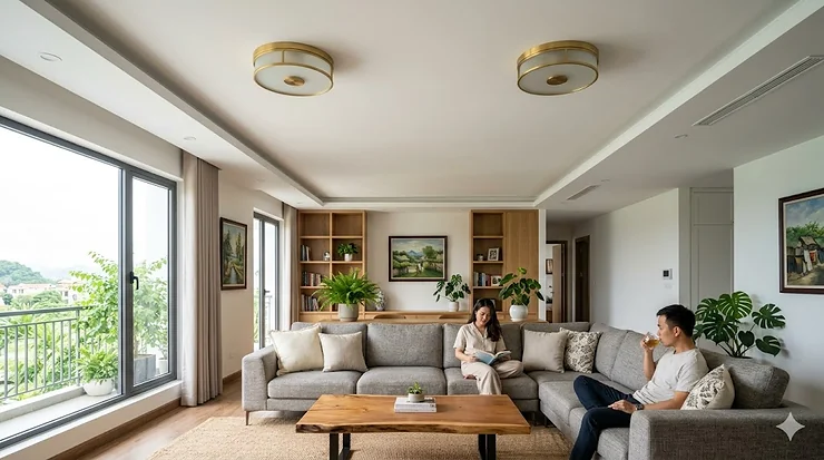 A modern living room featuring a stylish black and gold flush mount light fixture installed on a white ceiling. flush mount living room lights