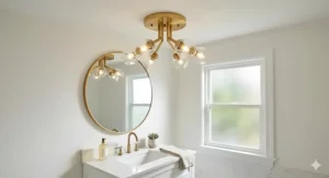 A photorealistic bathroom featuring a modern gold multi-bulb semi-flush mount ceiling light reflecting above a contemporary vanity mirror in natural daylight.