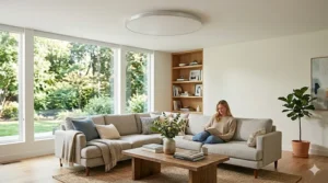 Sleek low profile round led flush mount living room light fixture installed on a clean white ceiling above a neutral toned couch