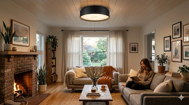Matte black flush mount ceiling light fixture illuminating a modern minimalist living room with neutral decor.