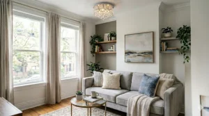 Sleek modern mini crystal chandelier providing a focal point in a minimalist small living room.