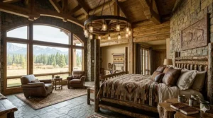 Weather-resistant rustic wagon wheel chandelier hanging from the rafters of a covered outdoor patio.