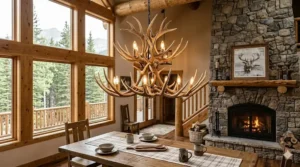 A faux deer antler chandelier providing warm ambient lighting in a cozy mountain cabin dining area.