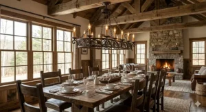 Rectangular wrought iron chandelier rustic design over a reclaimed wood dining table.