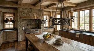 Pair of small wrought iron chandeliers in a rustic kitchen setting.