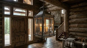Three-light bronze lantern chandelier with a rustic weathered finish hanging in a home foyer.