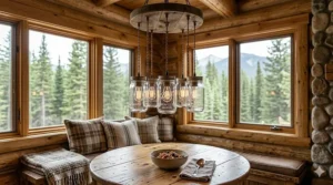 A group of vintage mason jar pendant lights gathered into a rustic chandelier for a country-style breakfast nook.