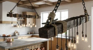 Linear rustic wood beam chandelier providing task lighting over a modern kitchen island.