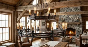 12-light rustic wagon wheel wrought iron chandelier with Edison bulbs.