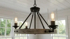 Close-up illustration of a modern farmhouse chandelier made of distressed wood and matte black iron.