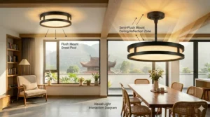 Illustration comparing light distribution patterns, showing how a semi-flush mount casts a soft glow upward onto the ceiling.