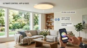 Mobile phone app interface controlling the brightness and automation schedules of a connected smart led flush mount living room lighting system