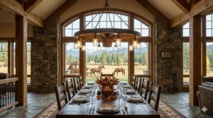 Large double-tier rustic wagon wheel chandelier installed in a high-ceiling timber frame barn.