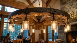 Close-up detail of the distressed wood grain and hand-forged iron bolts on a rustic wagon wheel chandelier.
