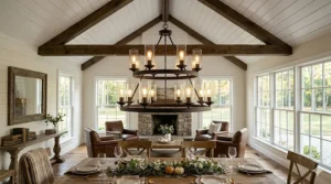 A double-tier wagon wheel modern farmhouse chandelier hanging in a spacious living room with vaulted ceilings.