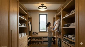 A compact walk-in closet featuring a low-profile flush mount LED ceiling light for optimal space-saving brightness.