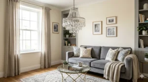 A small living room illuminated by the warm, refracted light of a mini crystal chandelier.