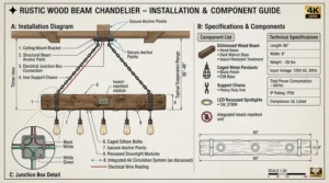 Illustration showing the dimensions and mounting specifications for a 60-inch wood beam chandelier.
