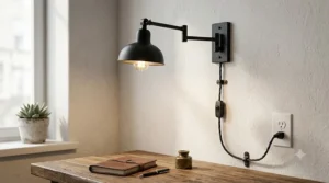 Matte black adjustable swing arm plug-in wall sconce shown extended for desk task lighting.