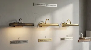 An illustration comparing antique brass, satin brass, and polished brass picture light fixture finishes side-by-side.