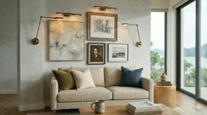 Sleek metallic wall sconces for living room gallery walls, highlighting framed artwork and photographs.