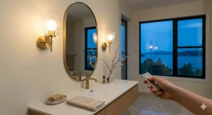 Moisture-resistant battery operated wall sconces providing even face illumination on both sides of a contemporary bathroom vanity mirror.