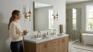 Pair of bathroom vanity wall sconces mounted alongside a mirror at eye level, approximately 60 to 65 inches high.