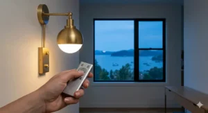 A hand holding a remote control to adjust the dimmable brightness level of a brass battery operated wall sconce.