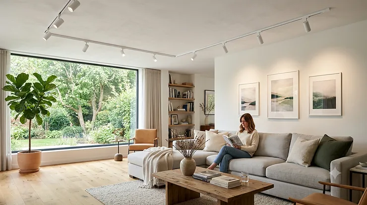 Modern minimalist living room featuring the best track lighting system installed on a white ceiling illuminating a sectional sofa. best track lighting for living room