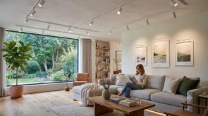 Compact flush mount ceiling track lights brightening up a small apartment living room layout.