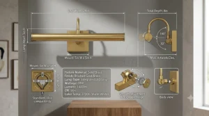 A technical illustration showing the dimensions and arm extension measurements of a brass picture light fixture.