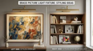 An interior design illustration showing a brass picture light fixture styled over a painting and above a built-in bookshelf.