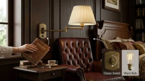 Vintage brass swing arm wall sconces providing warm illumination for reading in a classic study room.