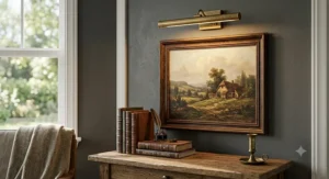 Vintage oil painting mounted on a dark green wall lit by an antique brass wireless picture light.