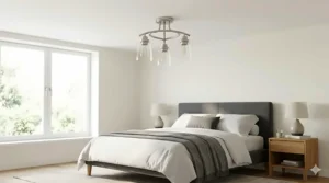 Elegant brushed nickel semi-flush mount ceiling light illuminating a cozy contemporary bedroom.