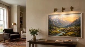 Traditional antique brass picture lights casting warm illumination across a large gold-framed vintage oil painting.