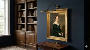 A high-detail photorealistic photograph capturing a classic antique gold swing-arm picture light adjusted over a traditional oil portrait painting, mounted on a dark navy blue library wall with surrounding bookshelves and natural light, in the style of image_0.png.