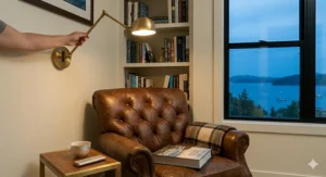 An adjustable arm battery operated wall sconce pointing light downward over a comfortable leather armchair in a dark library corner.