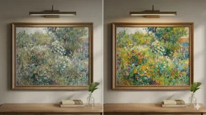 A high-detail 4K photorealistic photograph capturing a side-by-side color rendering comparison of the same artwork (an impressionist garden scene) in a textured wood frame, demonstrating muted tones under low-CRI LED versus vibrant, true-to-life colors under high-CRI (90+) LED picture lights, maintaining the natural light aesthetic of image_0.png.