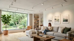 Warm dimmable LED track lighting creating a cozy and relaxing evening atmosphere in a family room.