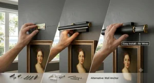 Infographic illustrating how to mount wireless picture lights to a drywall without electrical wiring.