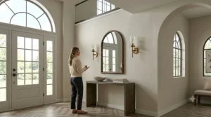 Warm entryway illumination featuring properly spaced wall sconces welcoming guests at standard height.