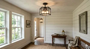 A vintage-inspired semi-flush mount farmhouse light illuminating a cozy home entryway next to a shiplap accent wall