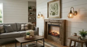 Elegant farmhouse wall sconces flanking a white brick living room fireplace mantel.