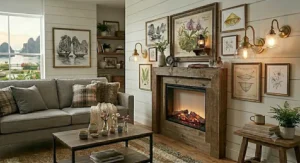 Vintage-inspired farmhouse wall sconces mounted on a white shiplap accent wall in a living room.