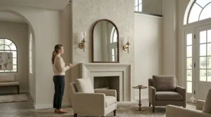 Symmetric wall sconces mounted on both sides of a fireplace mantel to create balanced living room lighting.