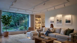 Flexible H-shaped white track lighting rail installed on a living room ceiling for custom directional illumination.